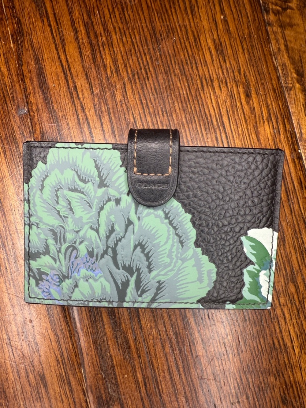 Coach Black Leather Card Wallet with Mint Floral Print - Picture 2 of 9